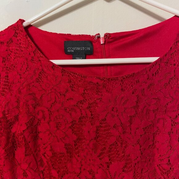 Covington Red Lace 3/4 Sleeve Petite Dress With Floral Pattern & Zipper Closure - Picture 3 of 8